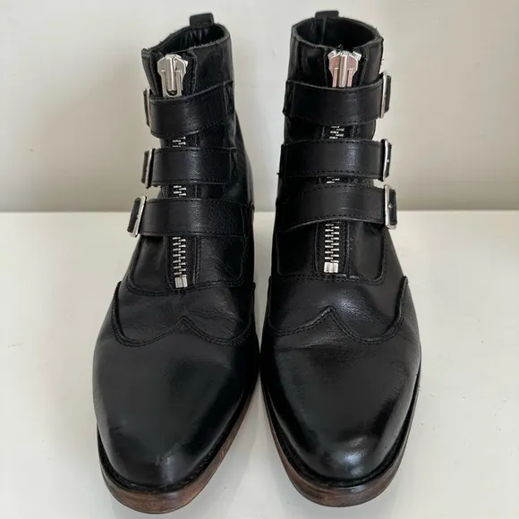 John Fluevog Women’s Jett Black Silver Triple Buckle Leather Boots Size 9