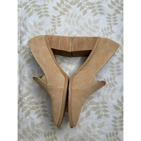 JOIE Wevenly Suede‎ Block Heel Shoe Tan Size 8½ Slip On Chunky Square Toe Loafer
