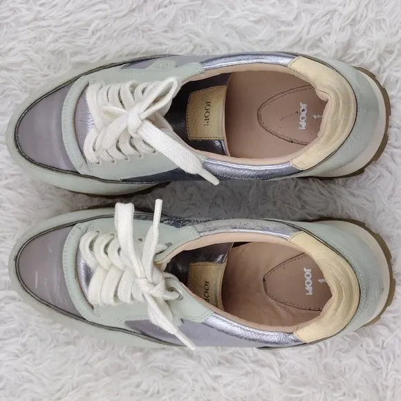 JOOP! Silver Metallic Gray Leather Upper Almond Toe Low Top Lace Up Sneaker