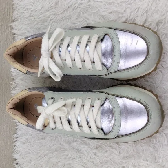 JOOP! Silver Metallic Gray Leather Upper Almond Toe Low Top Lace Up Sneaker