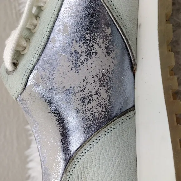JOOP! Silver Metallic Gray Leather Upper Almond Toe Low Top Lace Up Sneaker