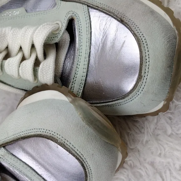 JOOP! Silver Metallic Gray Leather Upper Almond Toe Low Top Lace Up Sneaker