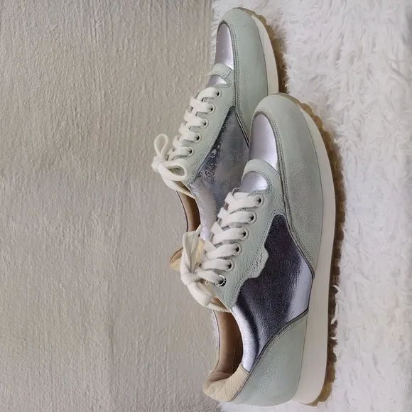 JOOP! Silver Metallic Gray Leather Upper Almond Toe Low Top Lace Up Sneaker