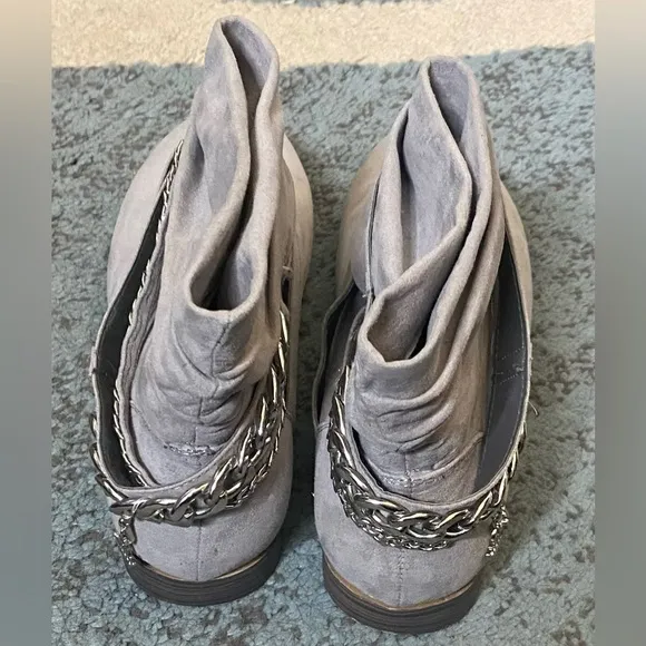 Juicy Couture Women's Grey Slouch Ankle Boots with Silver Accents and Chains