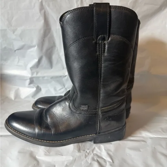 Justin Basics Men's Black Leather Western Cowboy Roper Boots Size 7.5 B