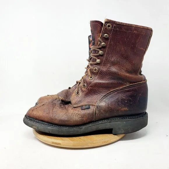 Justin Boots Mens 9 D Brown Leather Conductor Briar 8 Comfort Packer Work Shoes