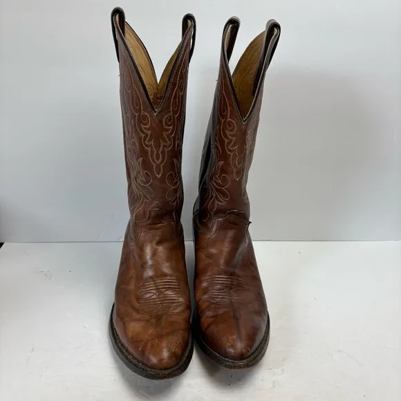 Justin Brown Leather Cowboy Boots Western Vintage 1651 Men’s size 9D Snip Toe