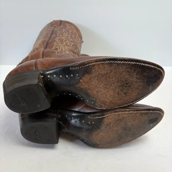 Justin Brown Leather Cowboy Boots Western Vintage 1651 Men’s size 9D Snip Toe