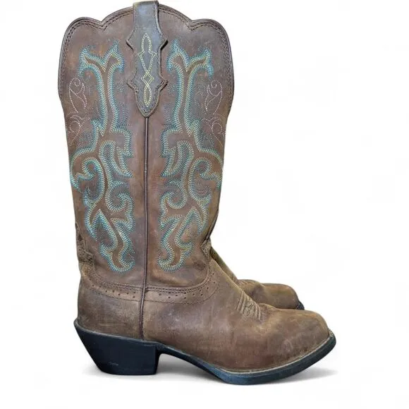 Justin Women's 12&quot; Square Toe Stampede Western Cowboy Brown Boots size 7.5