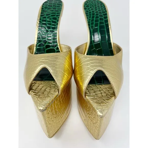 KANDEE Platform Mules Croc Leather Cactus De Gold Plateau SZ 42 Handmade