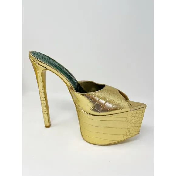 KANDEE Platform Mules Croc Leather Cactus De Gold Plateau SZ 42 Handmade