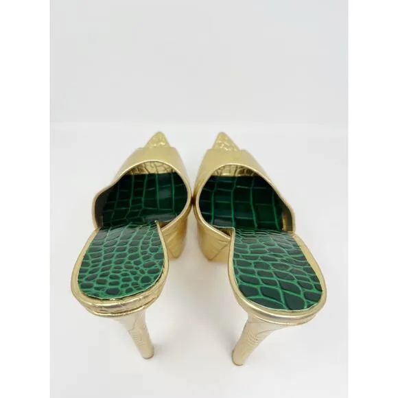 KANDEE Platform Mules Croc Leather Cactus De Gold Plateau SZ 42 Handmade