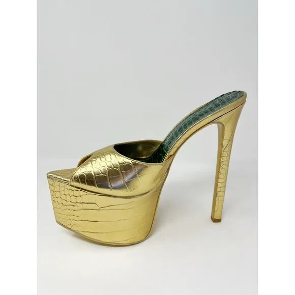 KANDEE Platform Mules Croc Leather Cactus De Gold Plateau SZ 42 Handmade