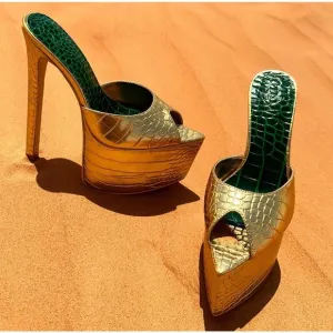 KANDEE Platform Mules Croc Leather Cactus De Gold Plateau SZ 42 Handmade