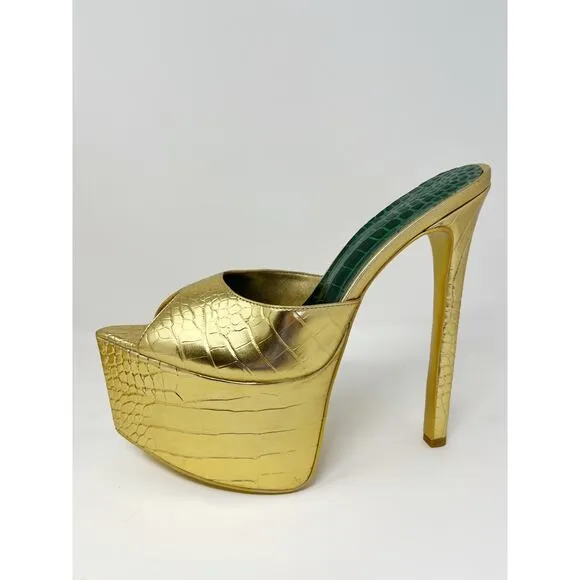 KANDEE Platform Mules Croc Leather Cactus De Gold Plateau SZ 42 Handmade