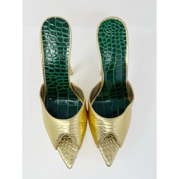KANDEE Platform Mules Croc Leather Cactus De Gold Plateau SZ 42 Handmade