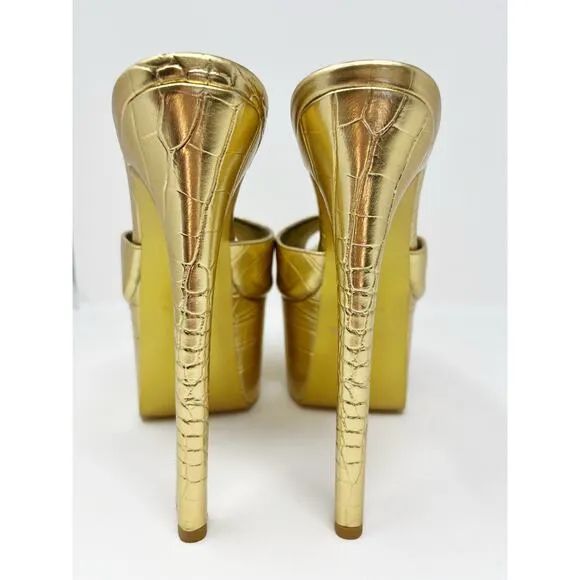 KANDEE Platform Mules Croc Leather Cactus De Gold Plateau SZ 42 Handmade