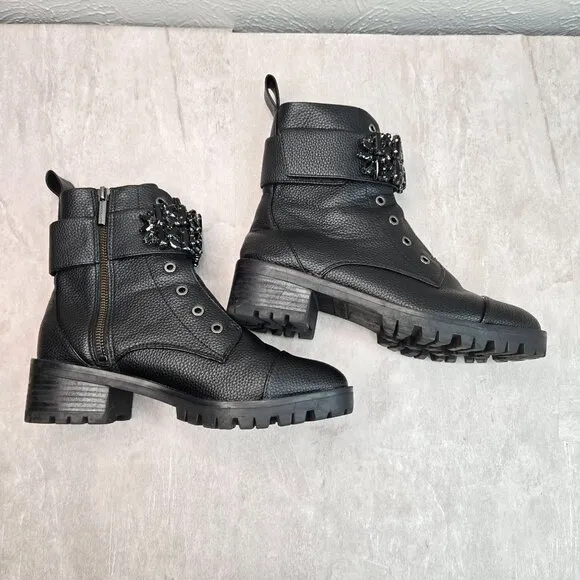 Karl Lagerfeld Crystal Embellished Combat Boots Black Grunge Hiker Lug Booties
