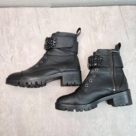 Karl Lagerfeld Crystal Embellished Combat Boots Black Grunge Hiker Lug Booties