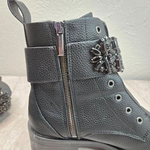 Karl Lagerfeld Crystal Embellished Combat Boots Black Grunge Hiker Lug Booties