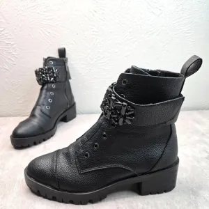 Karl Lagerfeld Crystal Embellished Combat Boots Black Grunge Hiker Lug Booties