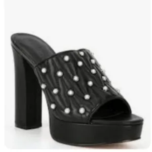 KARL LAGERFELD PARIS Aviva Pearl Embellished Leather Platform Slip On Open-Toe