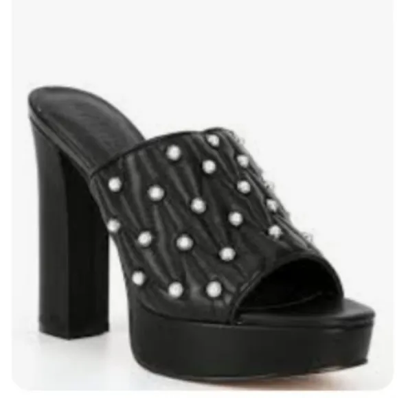 KARL LAGERFELD PARIS Aviva Pearl Embellished Leather Platform Slip On Open-Toe