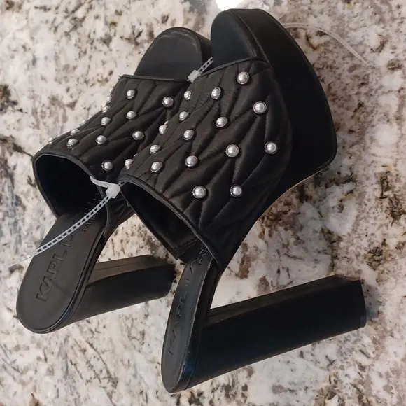 KARL LAGERFELD PARIS Aviva Pearl Embellished Leather Platform Slip On Open-Toe