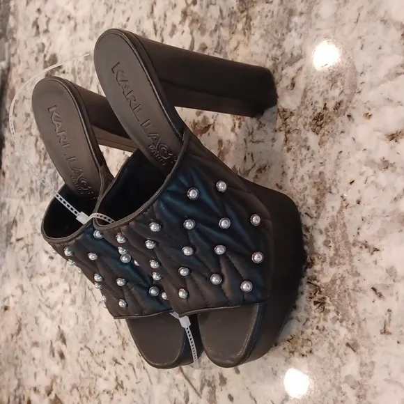 KARL LAGERFELD PARIS Aviva Pearl Embellished Leather Platform Slip On Open-Toe