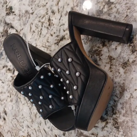 KARL LAGERFELD PARIS Aviva Pearl Embellished Leather Platform Slip On Open-Toe