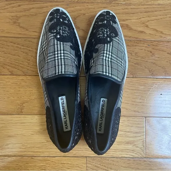 Karl Lagerfeld Paris CARLYN Plaid Slip On Sneaker Lace embroidered casual Sz 8