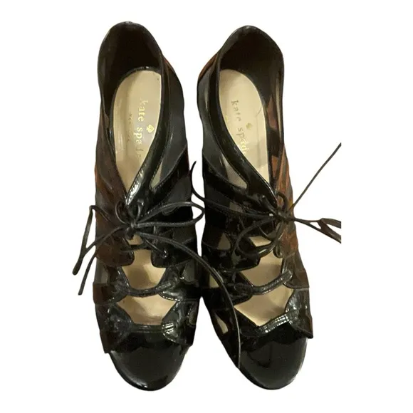 Kate Spade Black Patent Leather Mesh Tie Up High Heel Italy Size 7