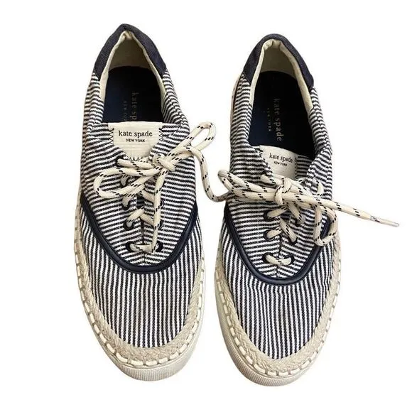 Kate Spade Boat Party Espadrille Sneakers Navy Blue &amp; White Striped Nautical Siz