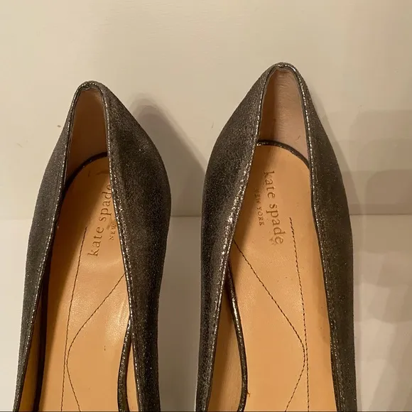 KATE SPADE HEELS PUMPS SILVER LEATHER PEEP TOE BOW Size 9.5