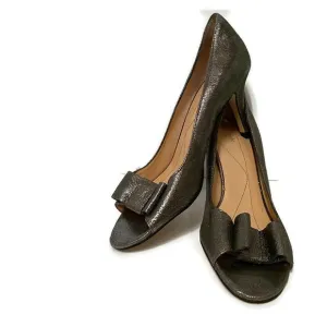 KATE SPADE HEELS PUMPS SILVER LEATHER PEEP TOE BOW Size 9.5