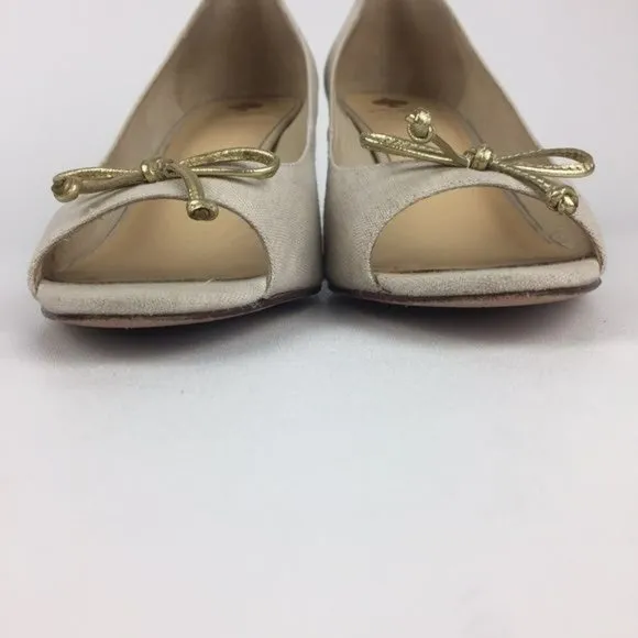 Kate Spade Womens Linen Peep Toe Wedge Heels Beige Cream Shoes Gold Bow size 10
