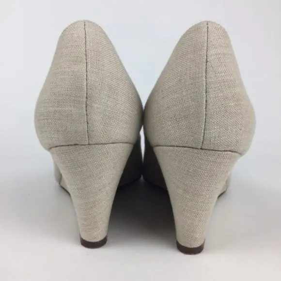 Kate Spade Womens Linen Peep Toe Wedge Heels Beige Cream Shoes Gold Bow size 10