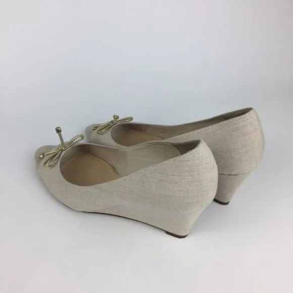Kate Spade Womens Linen Peep Toe Wedge Heels Beige Cream Shoes Gold Bow size 10