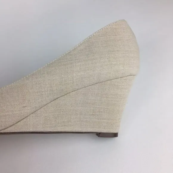 Kate Spade Womens Linen Peep Toe Wedge Heels Beige Cream Shoes Gold Bow size 10