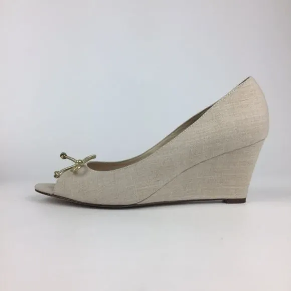 Kate Spade Womens Linen Peep Toe Wedge Heels Beige Cream Shoes Gold Bow size 10