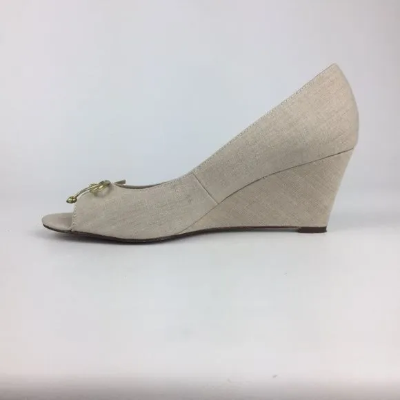 Kate Spade Womens Linen Peep Toe Wedge Heels Beige Cream Shoes Gold Bow size 10