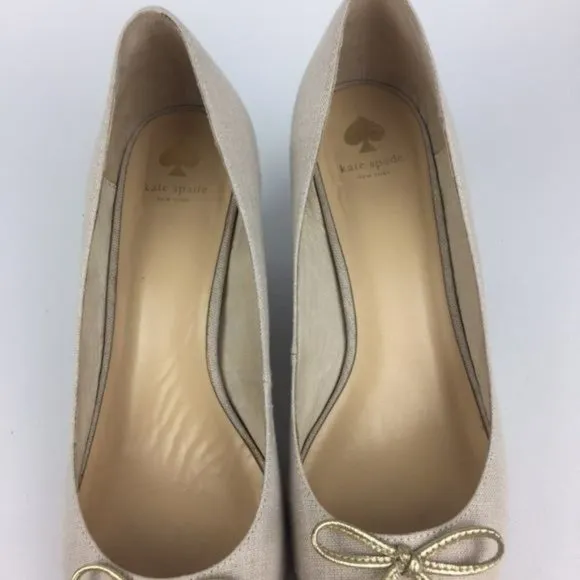 Kate Spade Womens Linen Peep Toe Wedge Heels Beige Cream Shoes Gold Bow size 10
