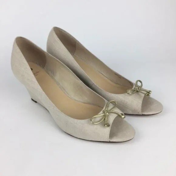Kate Spade Womens Linen Peep Toe Wedge Heels Beige Cream Shoes Gold Bow size 10