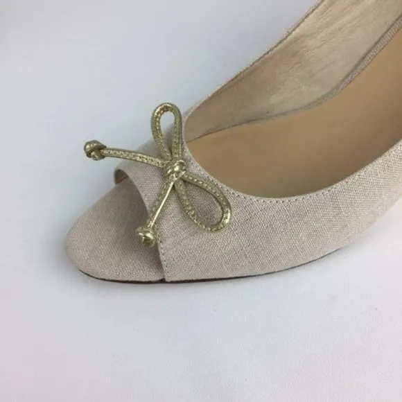 Kate Spade Womens Linen Peep Toe Wedge Heels Beige Cream Shoes Gold Bow size 10