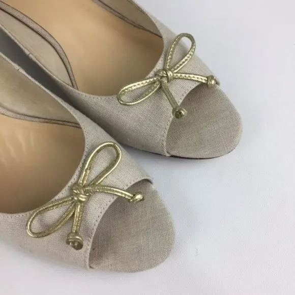 Kate Spade Womens Linen Peep Toe Wedge Heels Beige Cream Shoes Gold Bow size 10