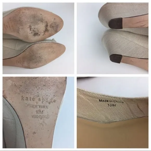 Kate Spade Womens Linen Peep Toe Wedge Heels Beige Cream Shoes Gold Bow size 10