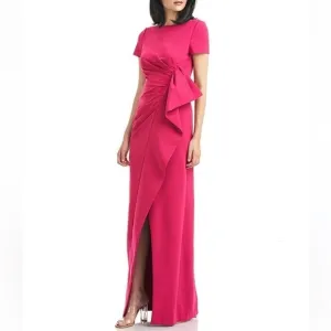 Kay Unger Pleated Bodice Boat Neck Short Sleeve Front Slit Ruffle Column Gown