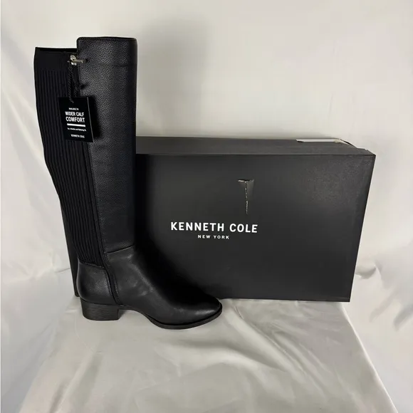 Kenneth Cole Black Over the Knee Boots with Smooth Leather and Stretchy Fit​