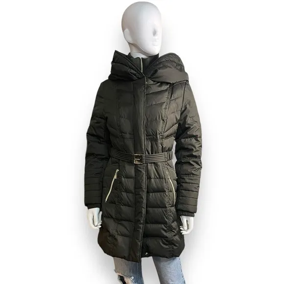 Kensie Signature Faux Down Belted Parka Coat Oversized Hood Deep Army Green SZ S