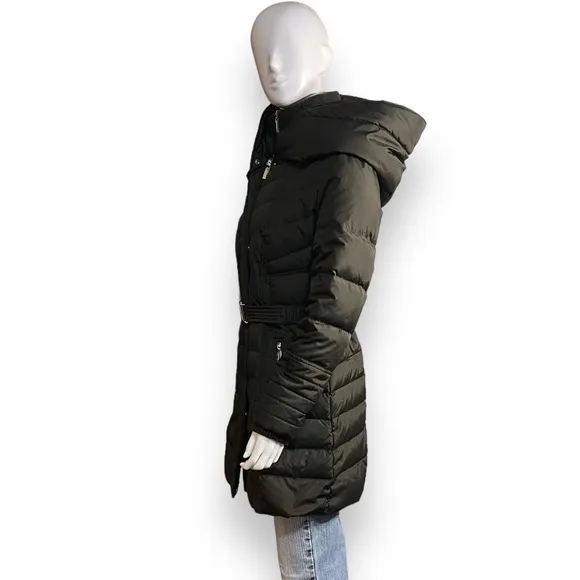 Kensie Signature Faux Down Belted Parka Coat Oversized Hood Deep Army Green SZ S